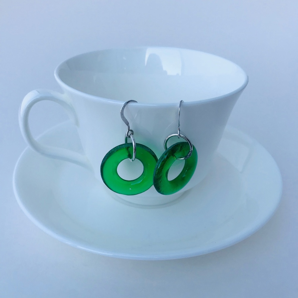 Recycled Green Bottle Glass Disc Earrings Sterling